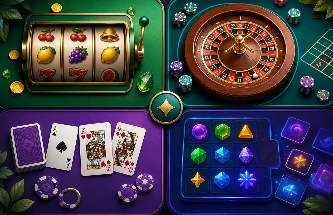 Categorias de jogos de cassino representadas em uma ilustração editorial